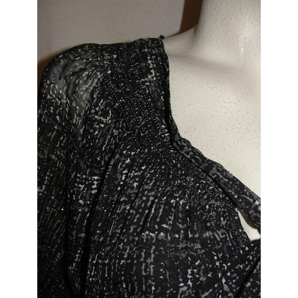 MAX STUDIO Black Silver Sheer Print Long Sleeve Elastic Waist Dress Women's Sz S - Picture 3 of 9